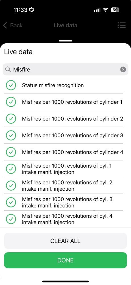 The image shows the OBDeleven Live data screen, listing misfire selectable engine parameters for real-time monitoring.