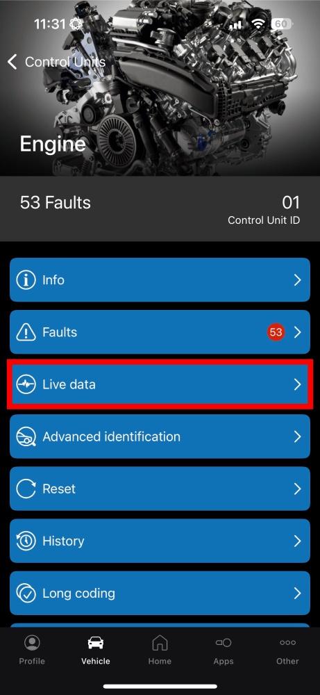 The image shows the OBDeleven interface with the Live data option highlighted on the engine control unit screen, indicating no current engine faults.