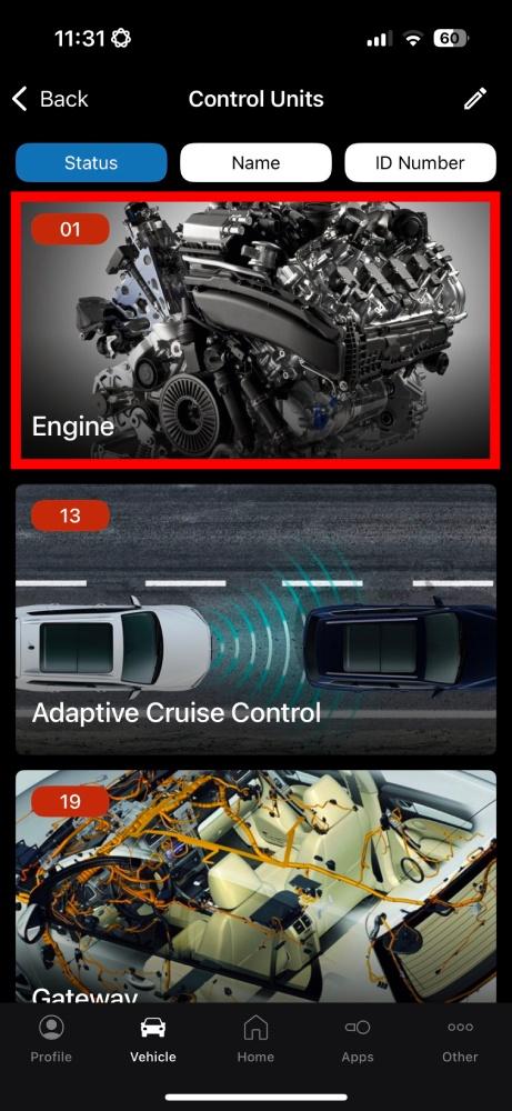 The image shows the OBDeleven interface with highlighted engine control unit