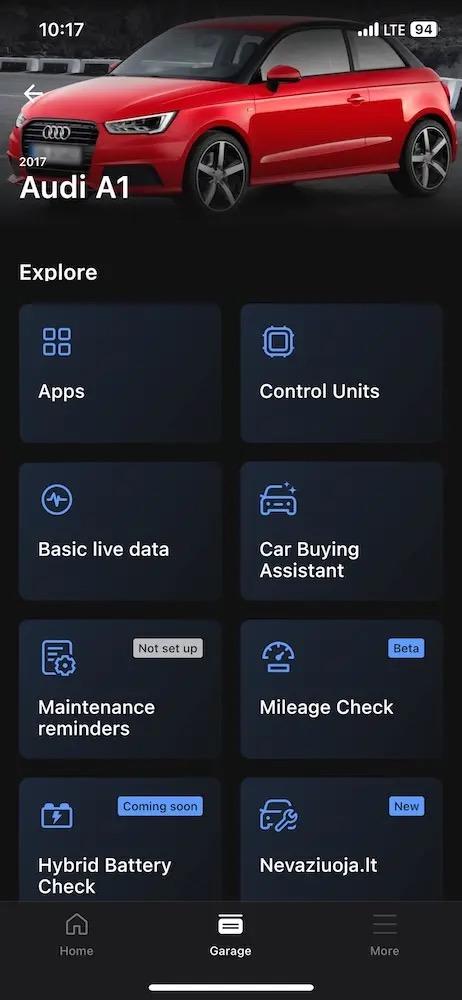 OBDeleven Garage section in the app with Maintenance reminders feature