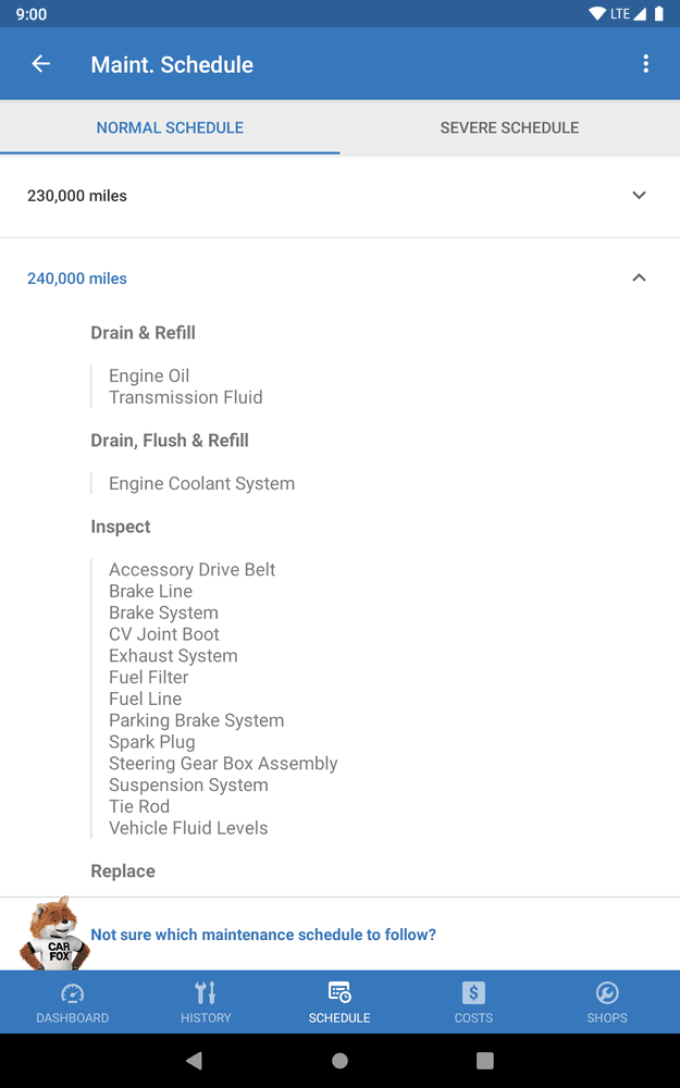 CARFAX Car Care maintenance reminder scheduling screen