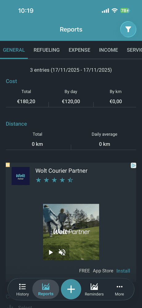 Drivvo app reports section