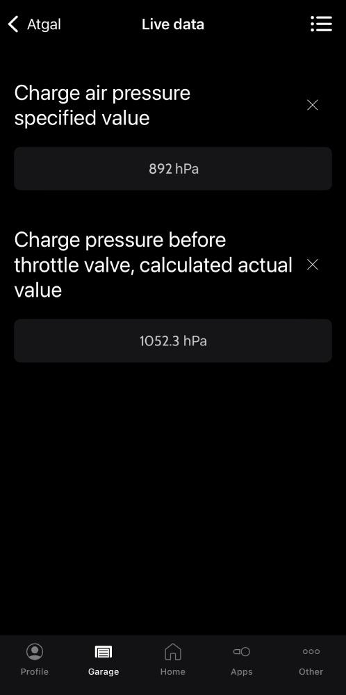 Boost pressure actual and specified live data values comparison on OBDeleven