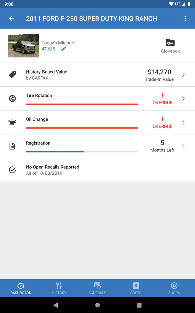 CARFAX Car Care app dashboard