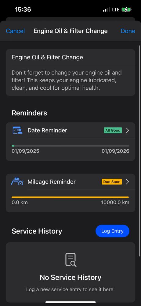 Maintenance reminders set up in app