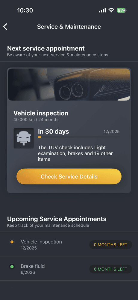 Carly service & maintenance reminders screen