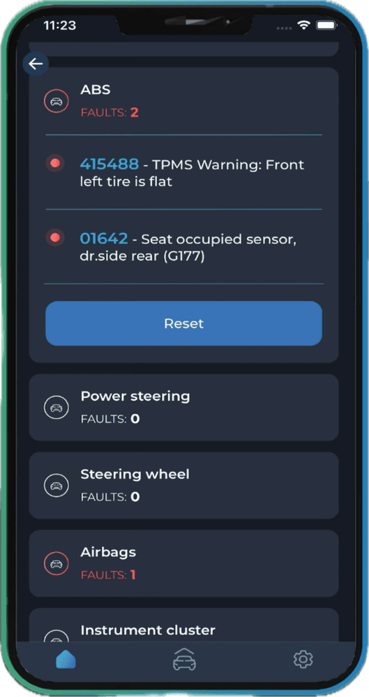 Carista app diagnostic screen