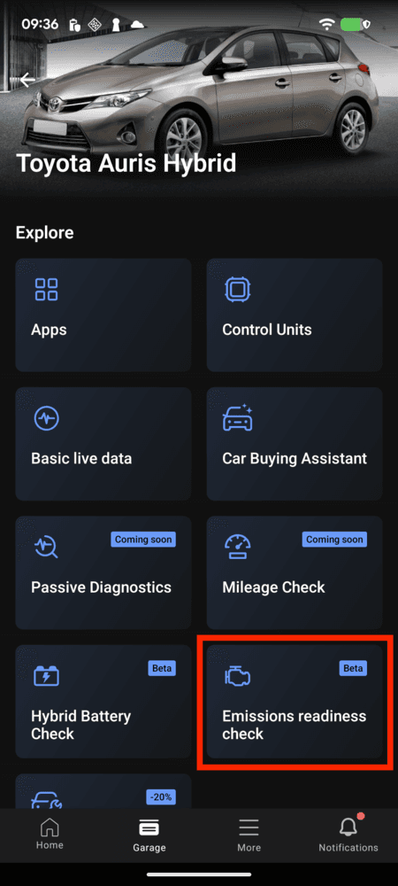 Where to find Emissions readiness check in the OBDeleven app