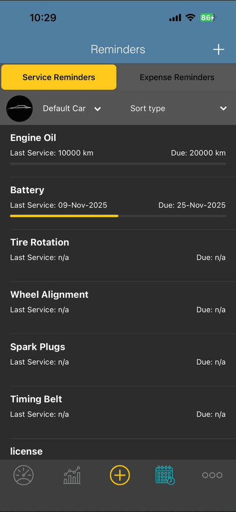 Simply auto reminders screen
