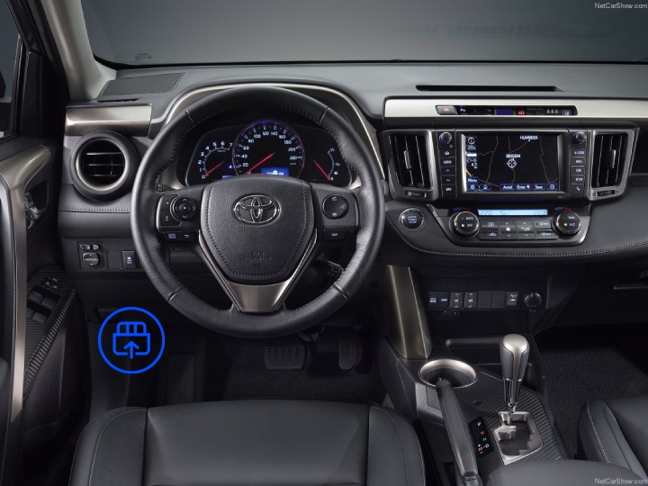 The image shows the interior of a Toyota RAV4, highlighting the OBD-II port location beneath the dashboard near the driver’s footwell.